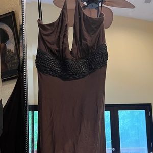 Pretty high- low hem brown Sky jersey halter dress with leather detail Medium M